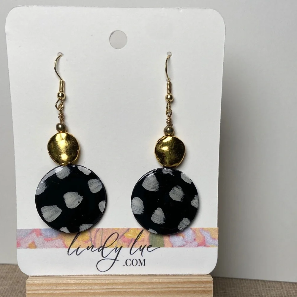 Black and White Polka Dot and Gold Dangle Earrings